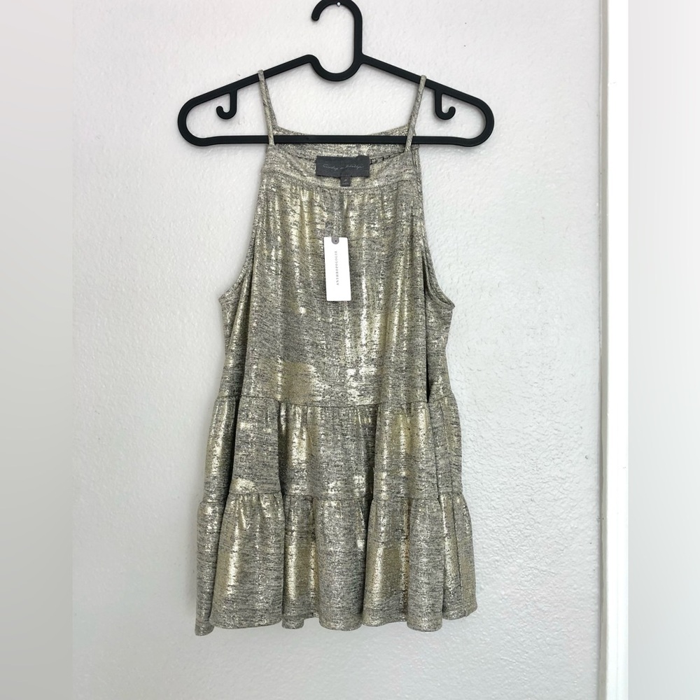 NWT Anthropologie Sunday in Brooklyn Metallic Gold Tiered Blouse - Picture 3 of 8